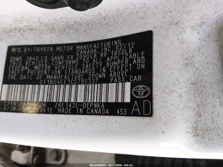 2012 Toyota Corolla 1.8 Le white Lot 111044398974 Vin 2T1BU4EE3CC795337