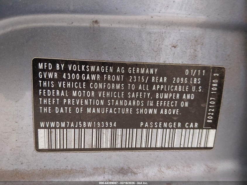 2011 Volkswagen Golf Tdi 4-Door VIN: WVWDM7AJ5BW193994 Lot: 44399067