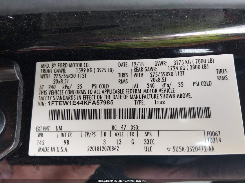 2019 Ford F-150 Platinum VIN: 1FTEW1E44KFA57985 Lot: 44399155