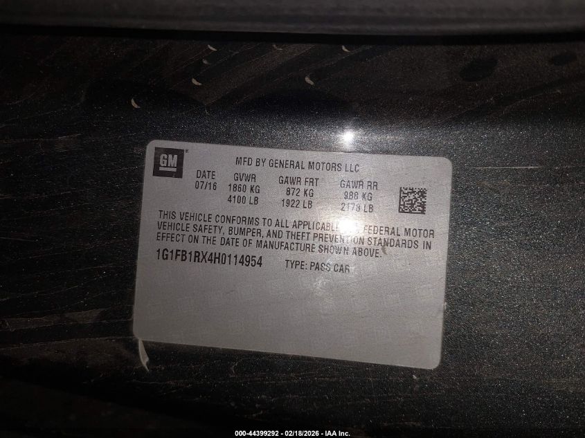 2017 Chevrolet Camaro 1Lt VIN: 1G1FB1RX4H0114954 Lot: 44399292