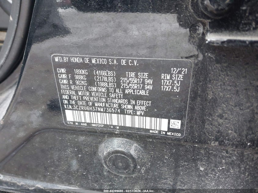 2022 Honda Hr-V Awd Lx VIN: 3CZRU6H37NM736574 Lot: 44399488