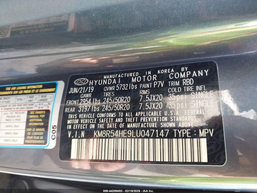 VIN KM8R54HE9LU047147 2020 HYUNDAI PALISADE LIMITED