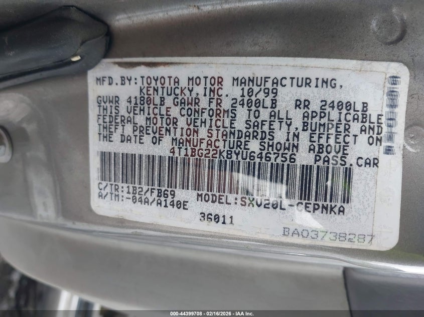 2000 Toyota Camry Le VIN: 4T1BG22K8YU646756 Lot: 44399708