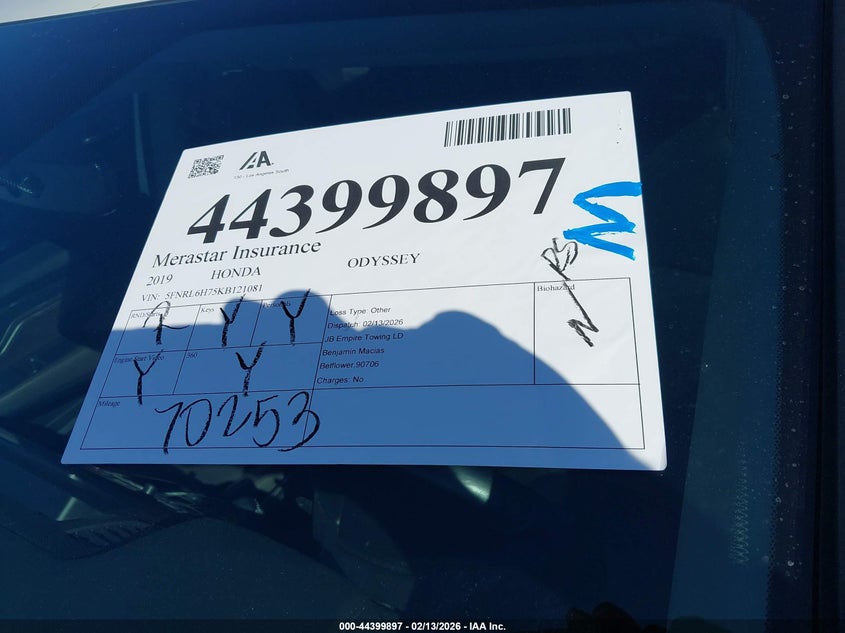 VIN 5FNRL6H75KB121081 2019 HONDA ODYSSEY EX-L