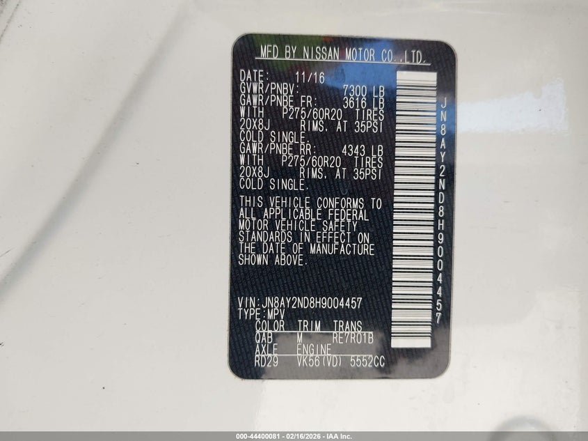 2017 Nissan Armada Platinum VIN: JN8AY2ND8H9004457 Lot: 44400081