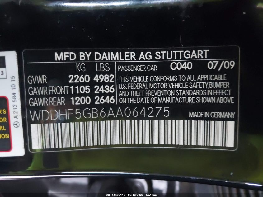 2010 Mercedes-Benz E 350 VIN: WDDHF5GB6AA064275 Lot: 44400116