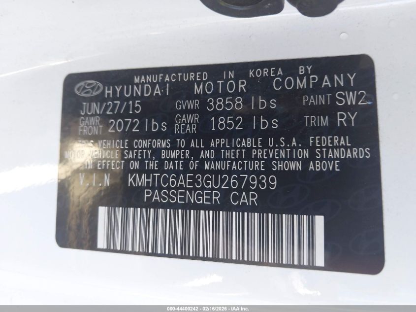 2016 Hyundai Veloster Turbo VIN: KMHTC6AE3GU267939 Lot: 44400242