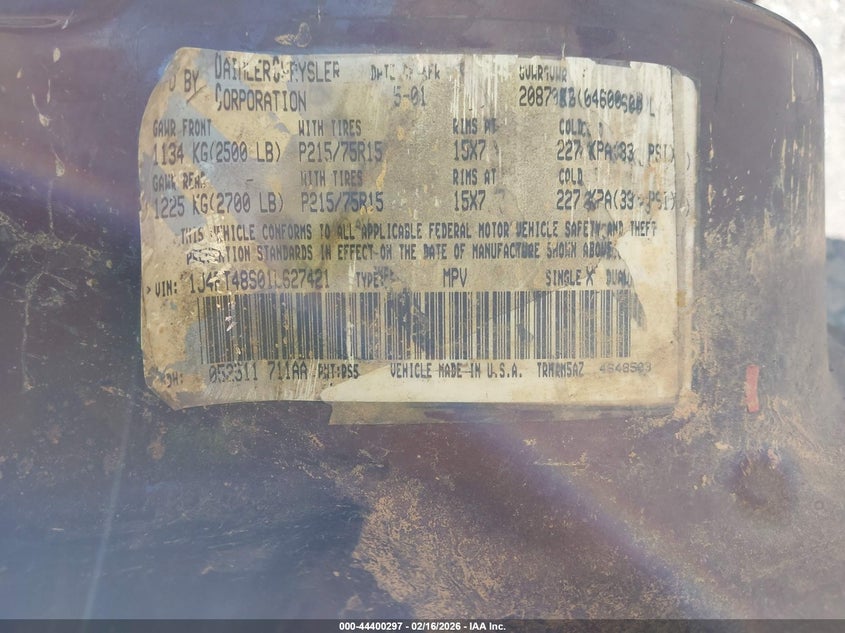 2001 Jeep Cherokee Sport VIN: 1J4FT48S01L627421 Lot: 44400297