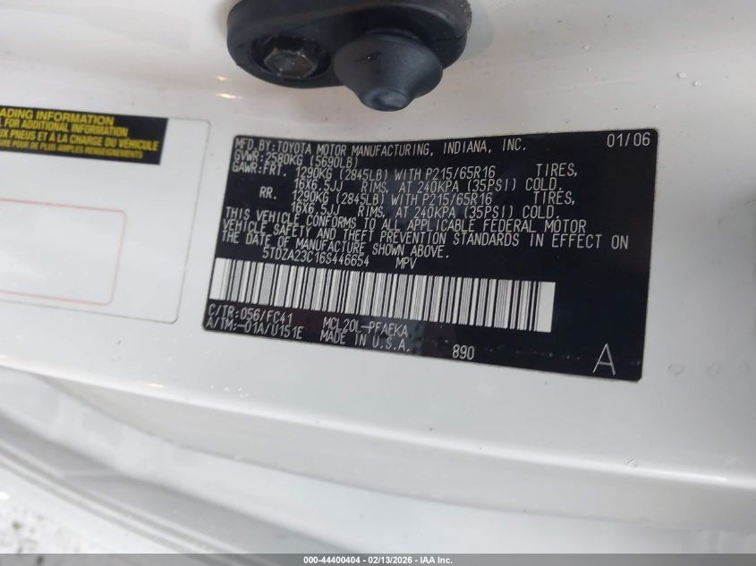 2006 Toyota Sienna Le VIN: 5TDZA23C16S446654 Lot: 44400404