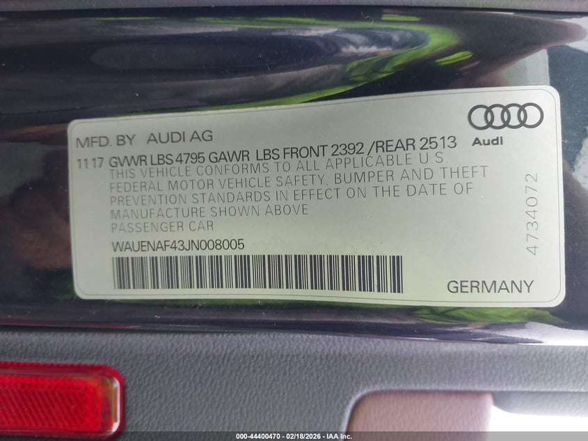 2018 Audi A4 2.0T Premium VIN: WAUENAF43JN008005 Lot: 44400470