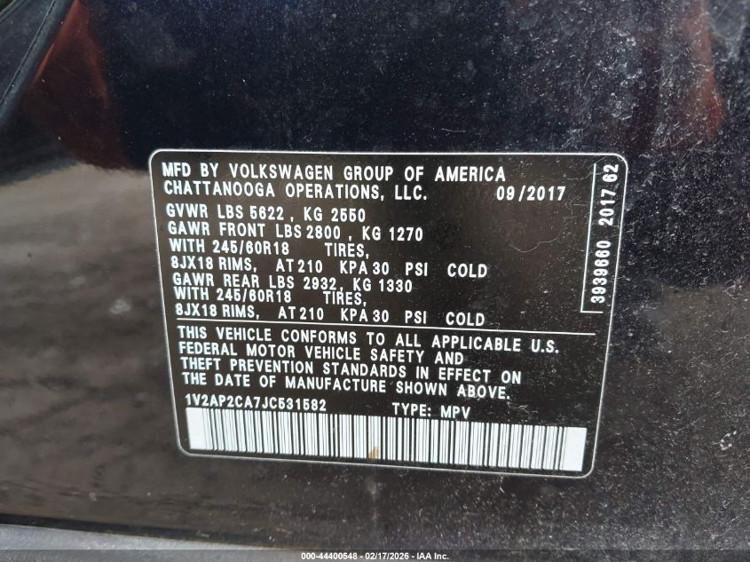 2018 Volkswagen Atlas 2.0T S VIN: 1V2AP2CA7JC531582 Lot: 44400548