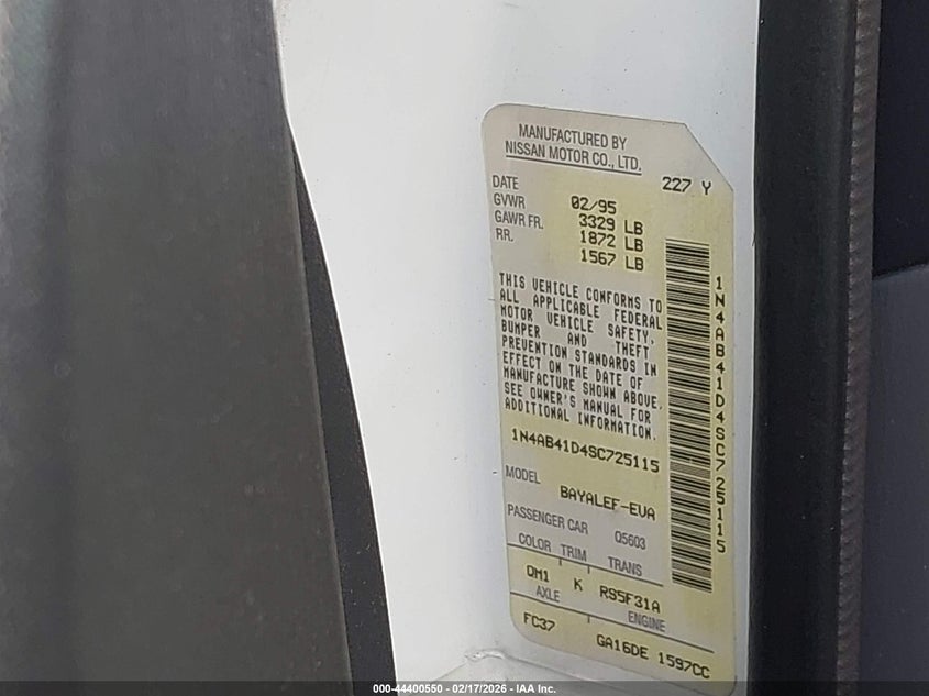 1995 Nissan Sentra Xe/Gxe/Gle VIN: 1N4AB41D4SC725115 Lot: 44400550