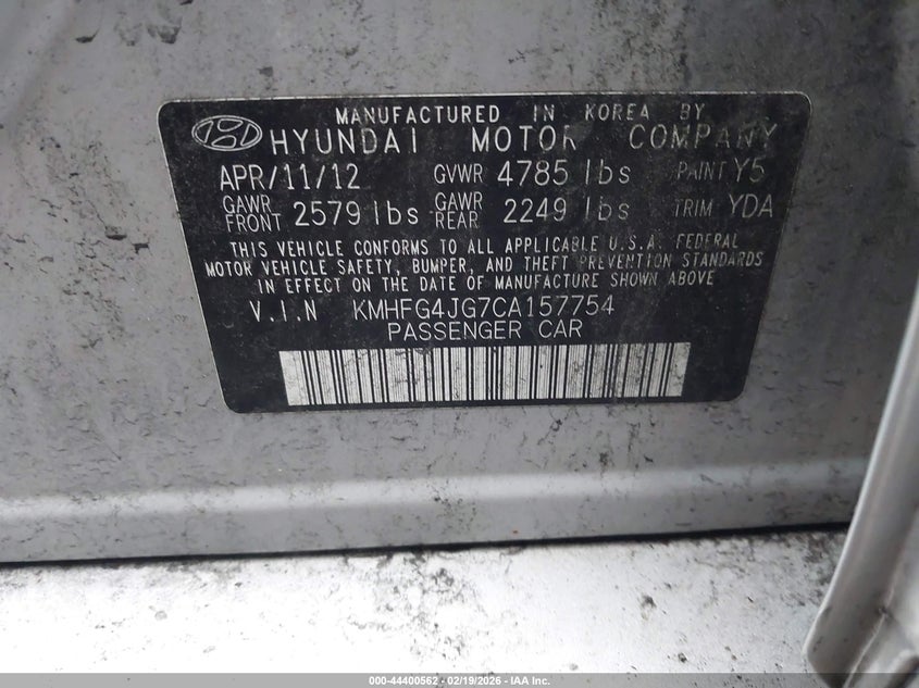 2012 Hyundai Azera VIN: KMHFG4JG7CA157754 Lot: 44400562