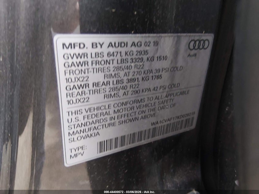 2019 Audi Q8 55 Premium VIN: WA1CVAF17KD029215 Lot: 44400572