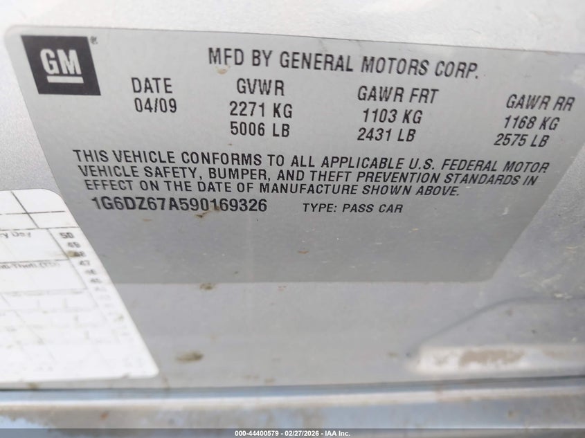 2009 Cadillac Sts V8 VIN: 1G6DZ67A590169326 Lot: 44400579