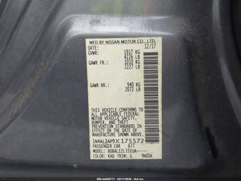 VIN 1N4AL3AP9JC175572 2018 NISSAN ALTIMA 2.5 SV