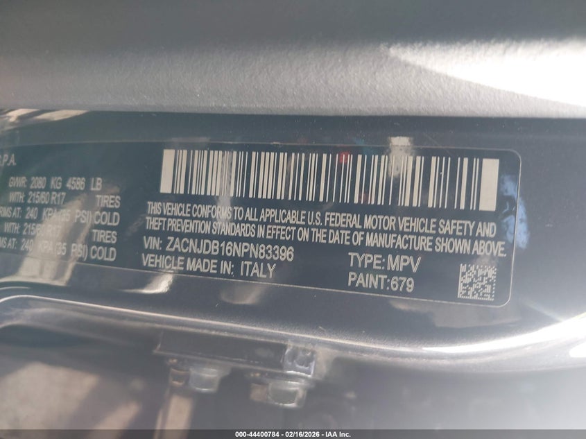 2022 JEEP RENEGADE 1.3L I-4 DI, VVT, TU(VIN: ZACNJDB16NPN83396