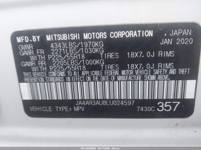 2020 Mitsubishi Outlander Sport 2.0 Be Awc/2.0 Es Awc/2.0 Se Awc/2.0 Sp Awc VIN: JA4AR3AU8LU024597 Lot: 44400806