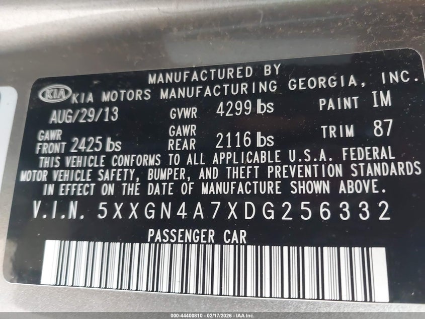 2013 Kia Optima Ex VIN: 5XXGN4A7XDG256332 Lot: 44400810