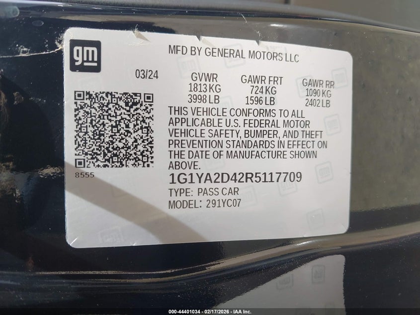 2024 CHEVROLET CORVETTE STINGRAY 6.2L V-8 DI, VVT, 49(VIN: 1G1YA2D42R5117709