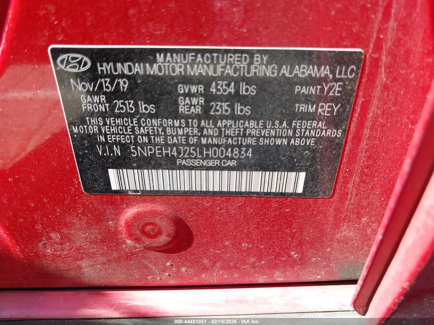 2020 Hyundai Sonata Limited VIN: 5NPEH4J25LH004834 Lot: 44401051