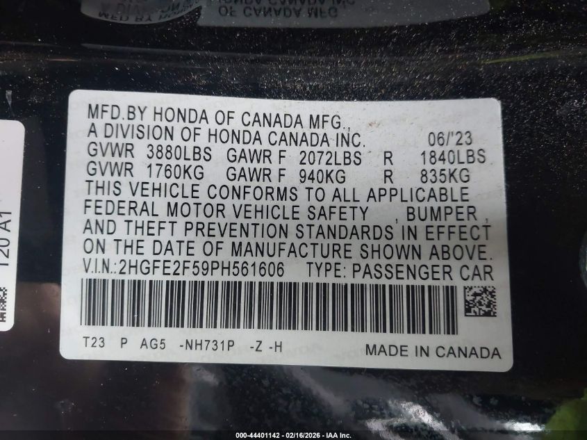 2023 Honda Civic Sport VIN: 2HGFE2F59PH561606 Lot: 44401142