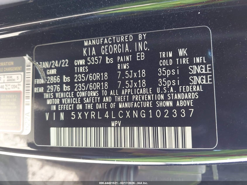 VIN 5XYRL4LCXNG102337 2022 KIA SORENTO S