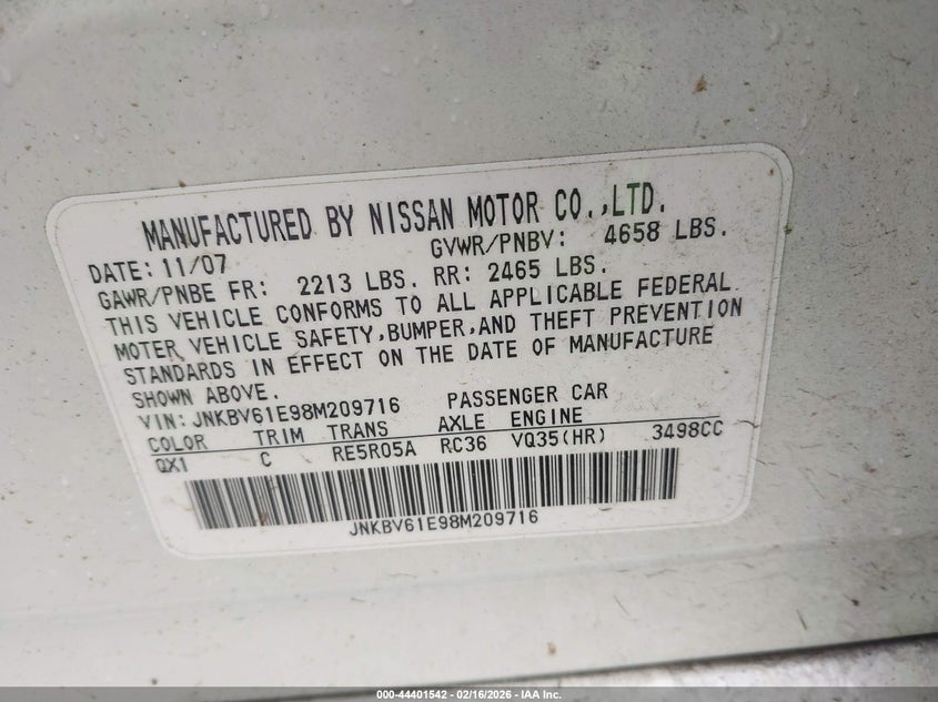 2008 Infiniti G35 Journey VIN: JNKBV61E98M209716 Lot: 44401542