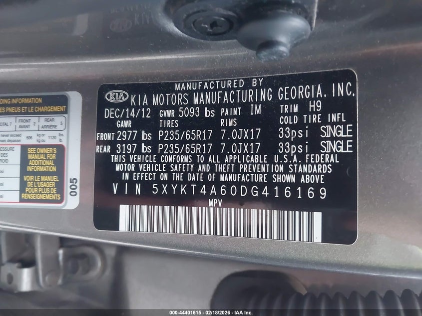 2013 Kia Sorento Lx VIN: 5XYKT4A60DG416169 Lot: 44401615