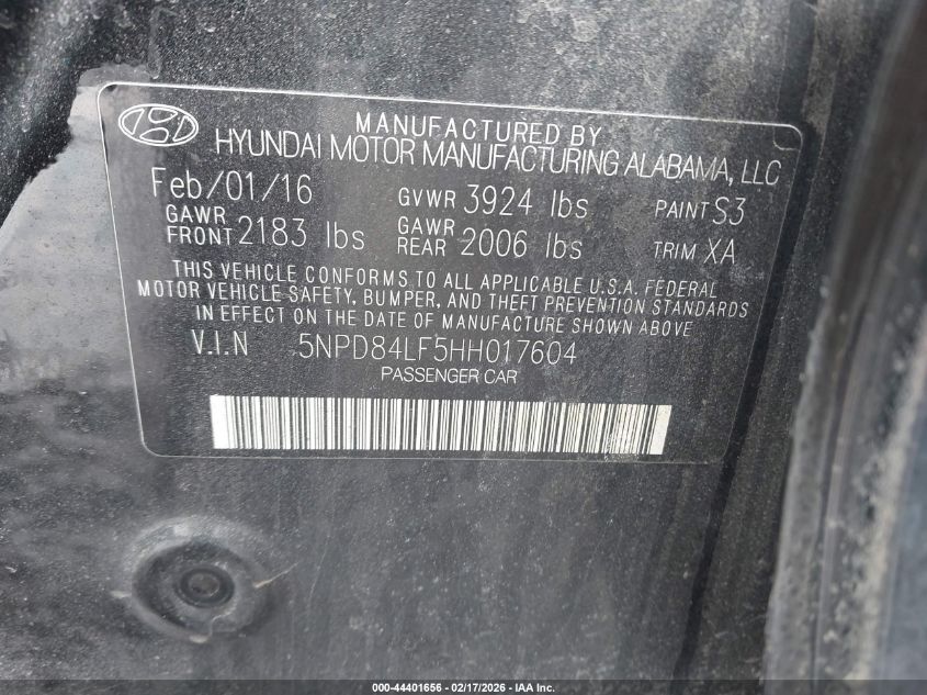 2017 Hyundai Elantra Se VIN: 5NPD84LF5HH017604 Lot: 44401656