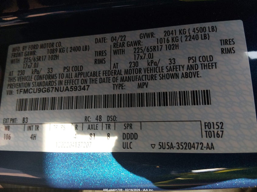 2022 Ford Escape Se VIN: 1FMCU9G67NUA59347 Lot: 44401709