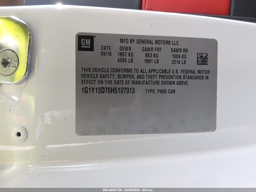 2017 Chevrolet Corvette Grand Sport VIN: 1G1Y13D78H5107913 Lot: 44401726