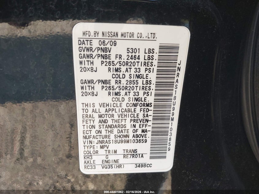 2009 Infiniti Fx35 VIN: JNRAS18U99M103659 Lot: 44401862