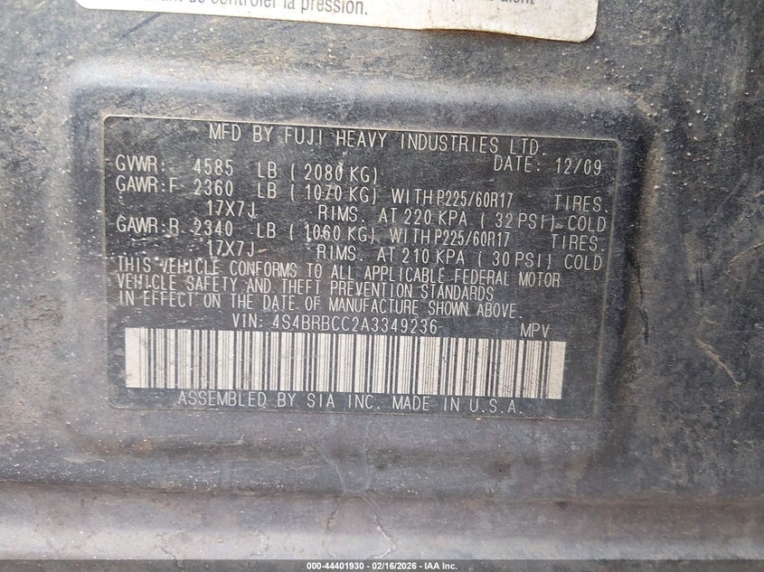 2010 Subaru Outback 2.5I Premium VIN: 4S4BRBCC2A3349236 Lot: 44401930