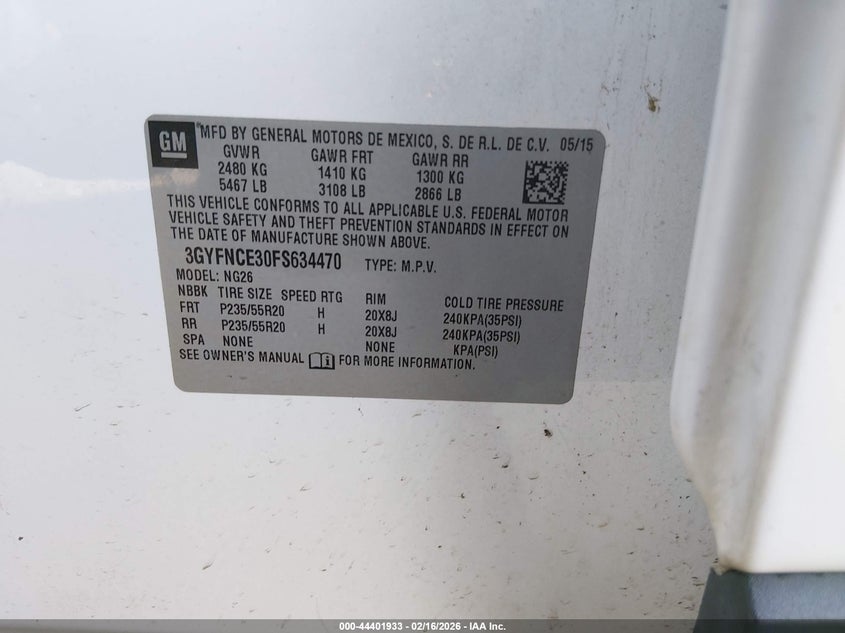 2015 Cadillac Srx Performance Collection VIN: 3GYFNCE30FS634470 Lot: 44401933