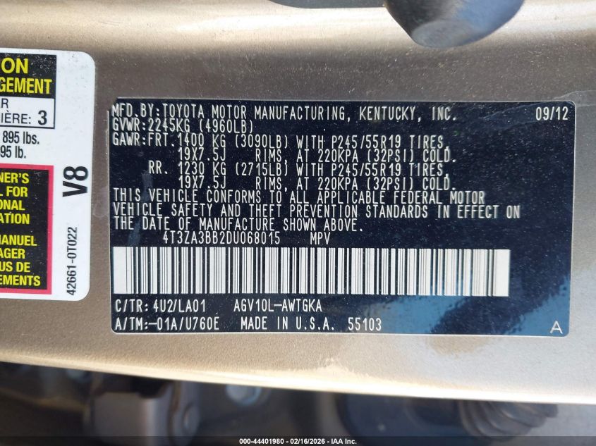 2013 Toyota Venza Xle VIN: 4T3ZA3BB2DU068015 Lot: 44401980