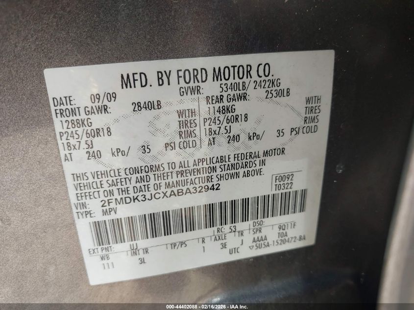 2010 Ford Edge Sel VIN: 2FMDK3JCXABA32942 Lot: 44402088