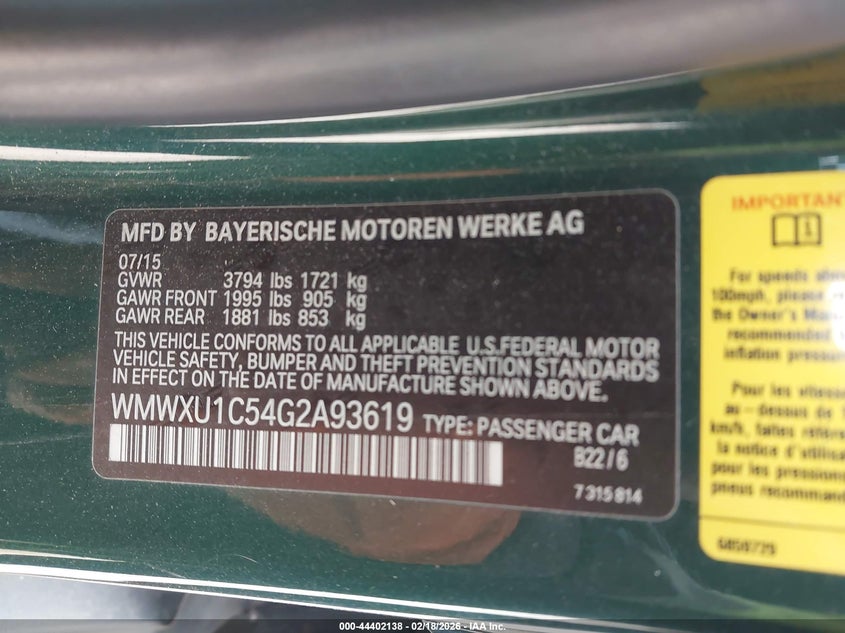 2016 Mini Hardtop Cooper VIN: WMWXU1C54G2A93619 Lot: 44402138