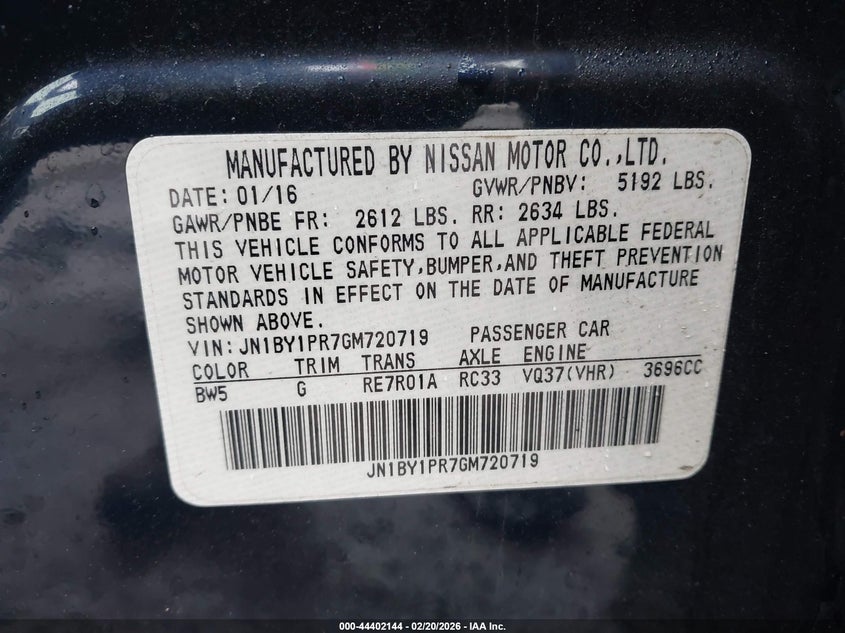 2016 Infiniti Q70L 3.7X VIN: JN1BY1PR7GM720719 Lot: 44402144