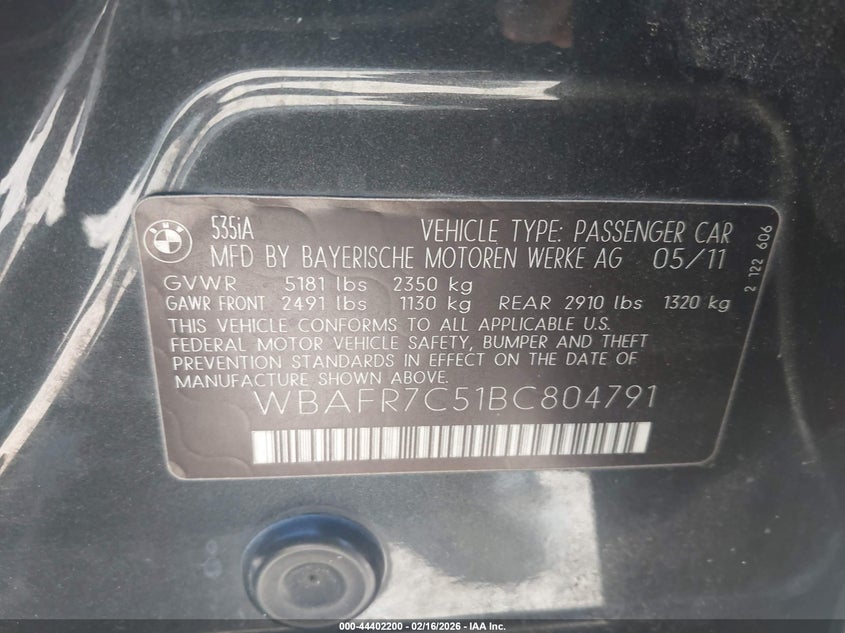 2011 BMW 535I VIN: WBAFR7C51BC804791 Lot: 44402200