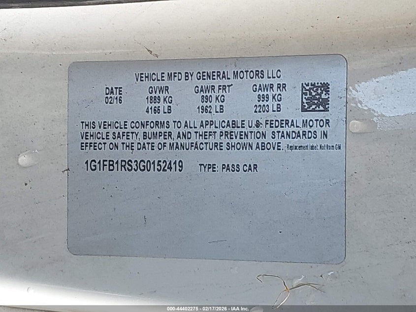 2016 Chevrolet Camaro 1Lt VIN: 1G1FB1RS3G0152419 Lot: 44402275