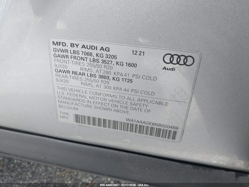 2022 Audi E-Tron Premium Quattro VIN: WA1AAAGE6NB020459 Lot: 44402367