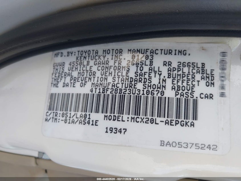 2003 Toyota Avalon Xls VIN: 4T1BF28B23U310670 Lot: 44402520