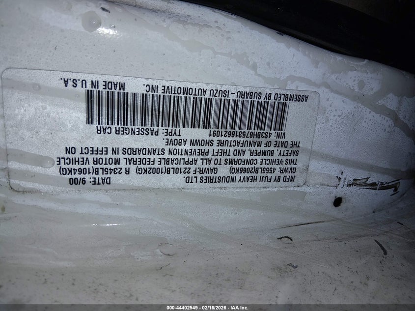 2001 Subaru Outback VIN: 4S3BH675316621091 Lot: 44402549