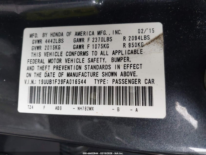 2015 Acura Tlx VIN: 19UUB1F39FA016544 Lot: 44402644