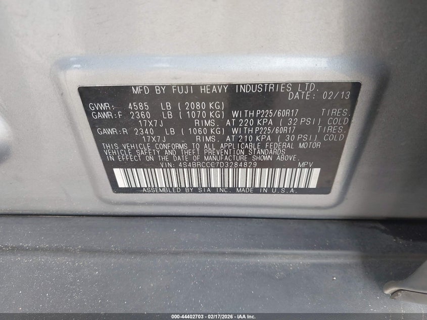 2013 Subaru Outback 2.5I Premium VIN: 4S4BRCCC7D3284829 Lot: 44402703