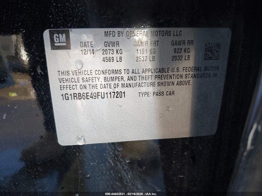 2015 Chevrolet Volt VIN: 1G1RB6E49FU117201 Lot: 44402831