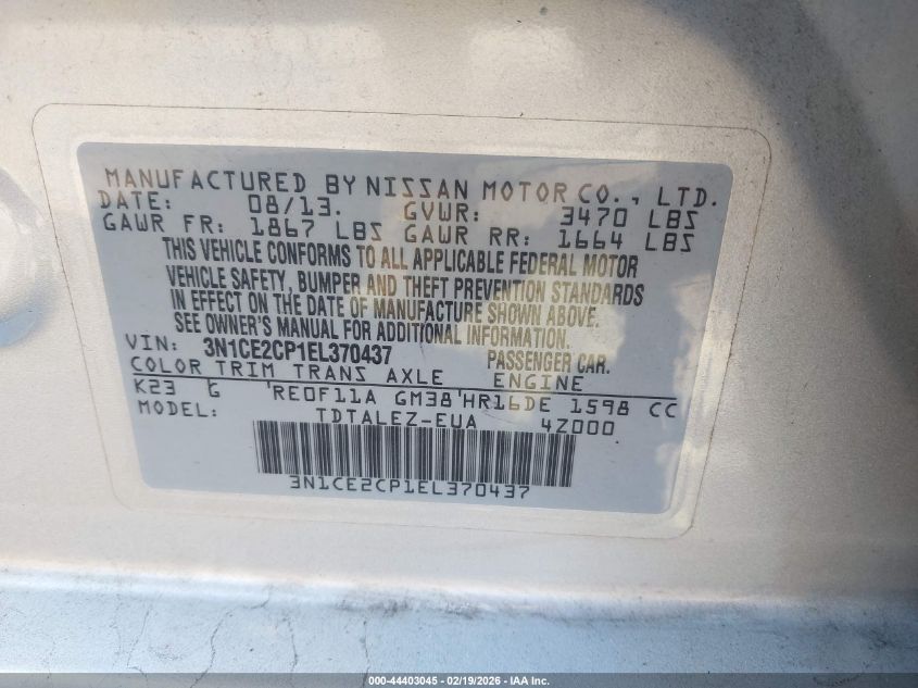 2014 Nissan Versa Note Sv VIN: 3N1CE2CP1EL370437 Lot: 44403045