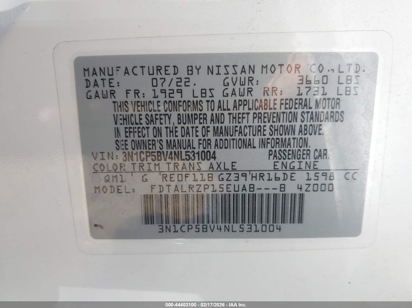 2022 Nissan Kicks S Xtronic Cvt VIN: 3N1CP5BV4NL531004 Lot: 44403100