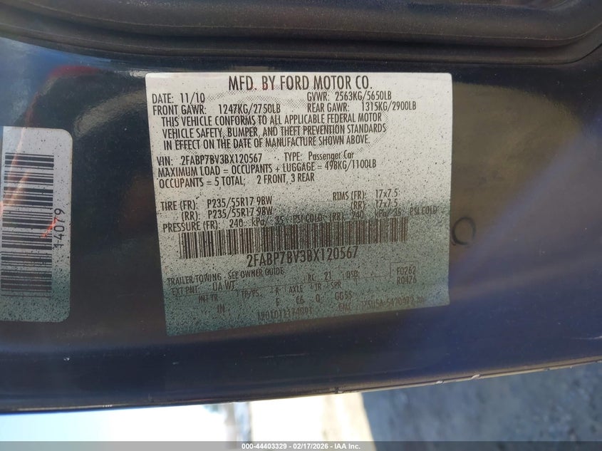 2011 Ford Crown Victoria Police Interceptor VIN: 2FABP7BV3BX120567 Lot: 44403329